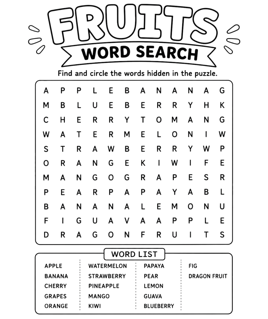 Fruits word search puzzle for kids