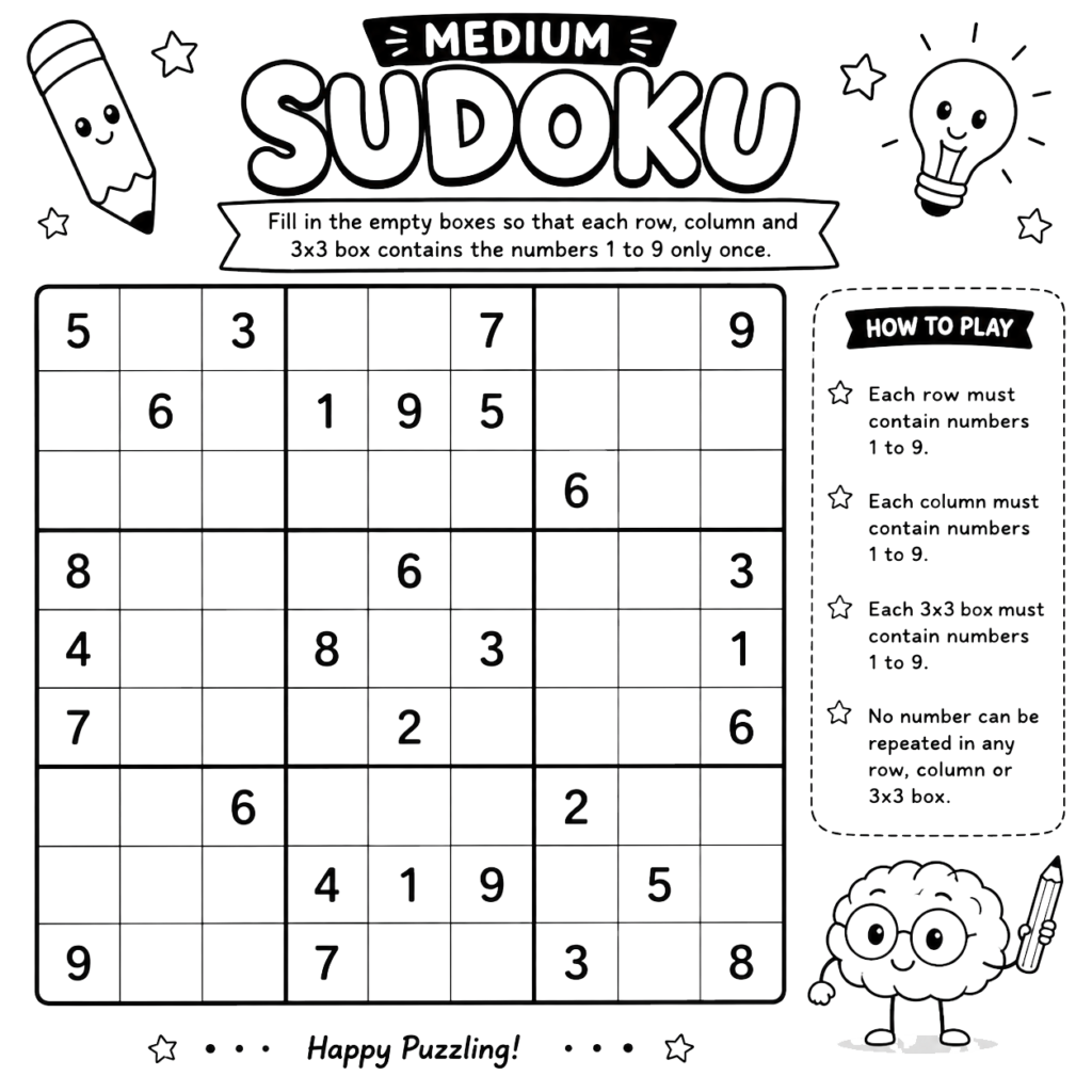 Medium Sudoku puzzle for kids and beginners