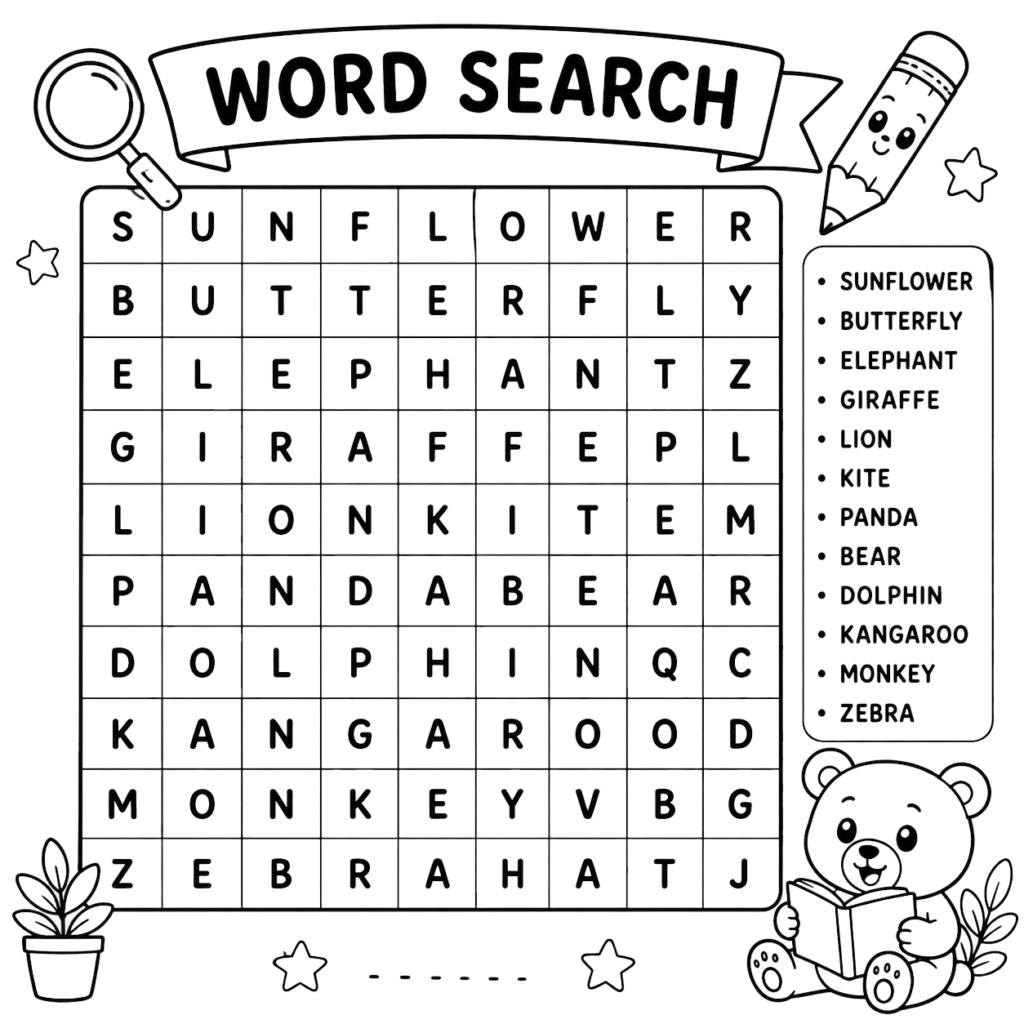 Animal word search puzzle for kids