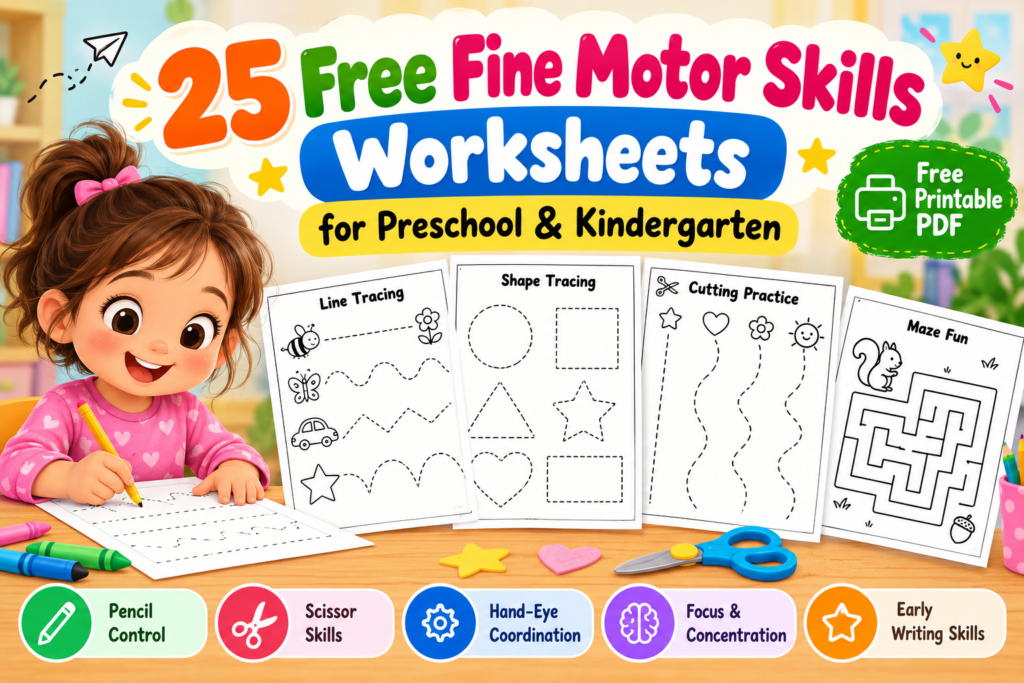 25 Free Fine Motor Skills Worksheets for Preschool and Kindergarten with printable tracing, shape tracing, cutting practice, and maze activities