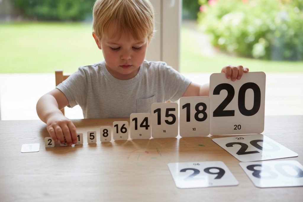 Child arranging number cards from 1 to 20
