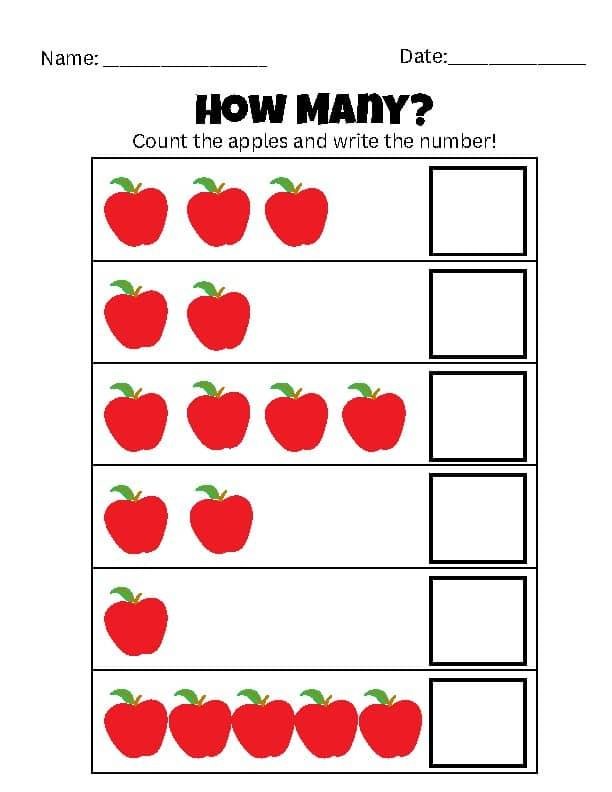 Preschool child counting apples educational activity