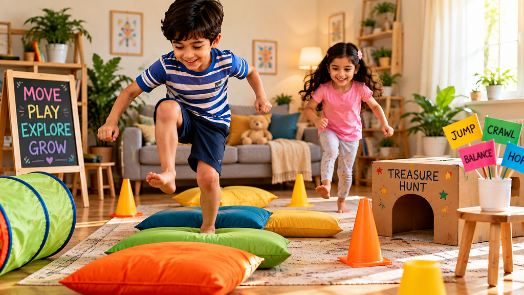 Children enjoying an indoor obstacle course and treasure hunt at home.